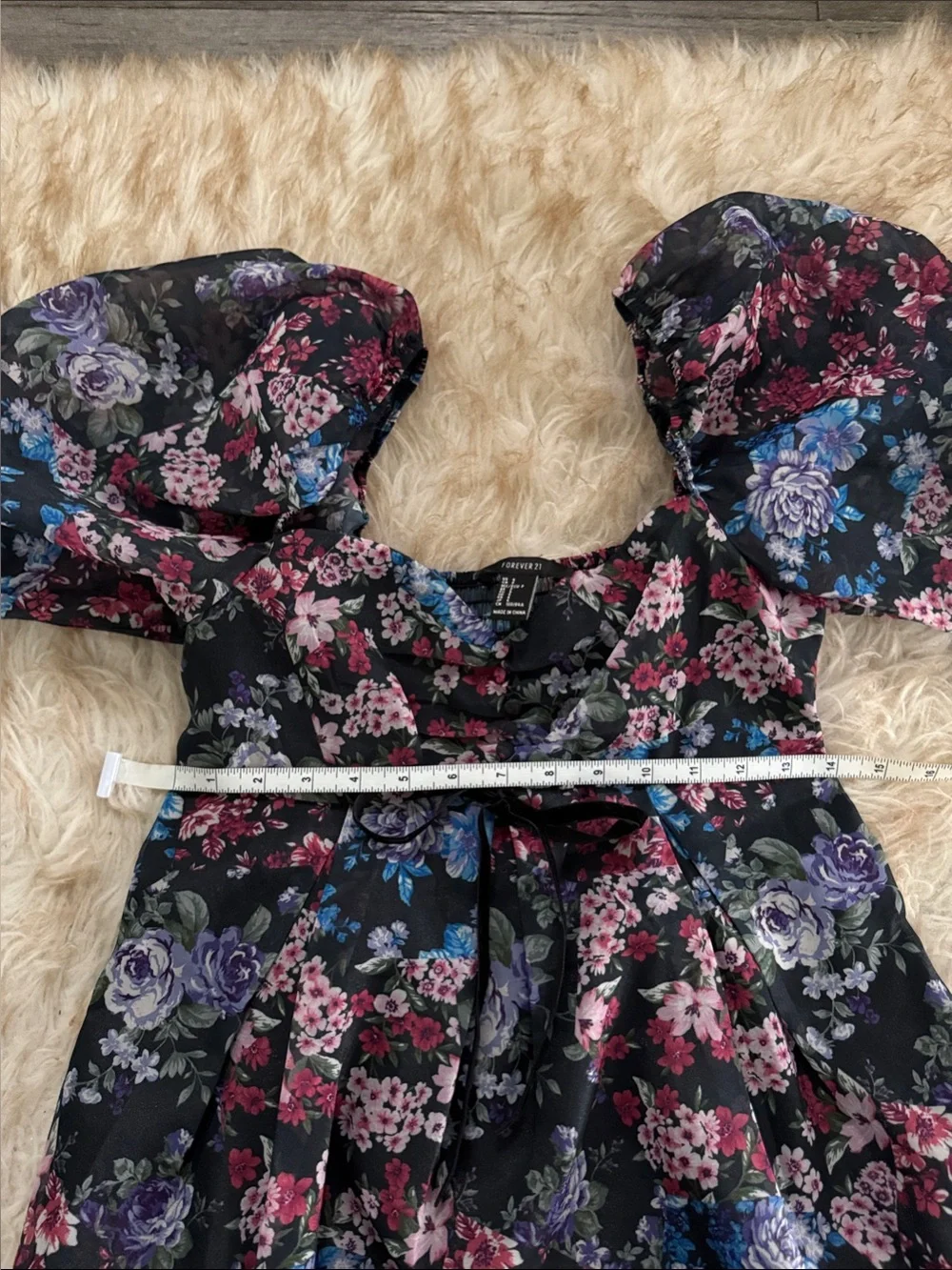 Forever 21 Black Floral Puff-Sleeve Dress with Blue, Purple, and Pink Blooms
